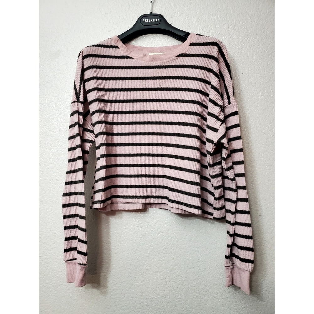 Forever 21 Pink Black Striped Ribbed Crop Sweater Y2K Womens S